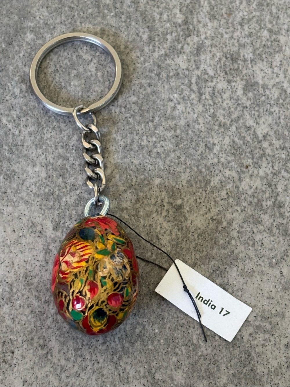 INDIA HandPainted Decorative Egg KEYCHAIN KEY CHAIN Gold Red Green Floral Design